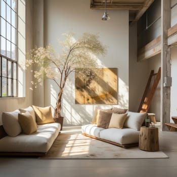 Livingroom of bright minimalist modern interior design huge bright apartment. Sunny room with large windows and sun.