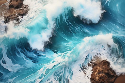 Beach Sand Sea Shore with Blue wave and white foamy summer background,Aerial beach top view overhead seaside.