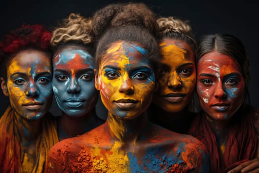 Proud LGBTQ people from different backgrounds with rainbow colored faces symbolizing LGBTQ people. The concept of diversity in genders and lifestyles. Pride month celebration. Sexual freedom, love and diversity concept. Gays, lesbians and queer persons.