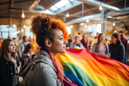 Mixed race young woman at women empowerment strike holding rainbow flag. Proud multiethnic lesbian girl in rally to protest on equality for gay. Girl with group of activists during gay pride parade.