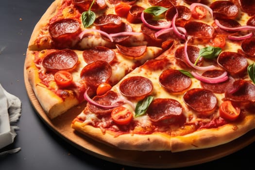 Tasty pepperoni pizza and cooking ingredients tomatoes basil on black concrete background. Top view of hot pepperoni pizza.