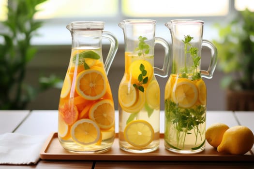 Summer refreshing lemonade drink or alcoholic cocktail with ice, rosemary and lemon slices on the table in the garden. Fresh healthy cold lemon beverage. Water with lemon.