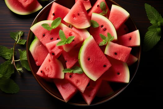 Watermelon on dark table. Sliced watermelon on black background. Flat lay, top view.