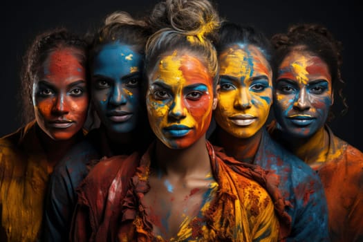 Proud LGBTQ people from different backgrounds with rainbow colored faces symbolizing LGBTQ people. The concept of diversity in genders and lifestyles. Pride month celebration. Sexual freedom, love and diversity concept. Gays, lesbians and queer persons.