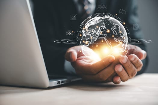 Innovative technology meets global network connections in grip of human hands holding Earth. This image signifies concepts of science, communication, and energy-saving. Background, Big data analytics
