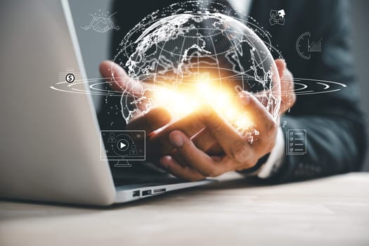 Global network connections and innovative technology resonate as Earth is cradled in human hands. portrays concepts of science, communication, and energy-saving. Background, Big data analytics