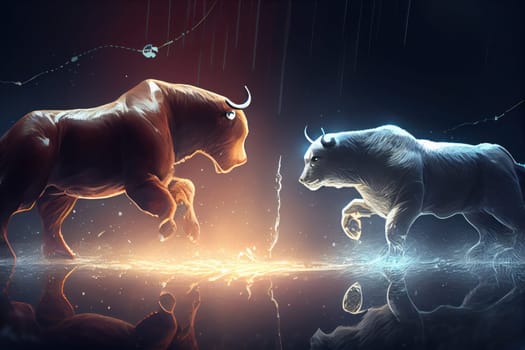 Stock market bull and bear figurines locked in a battle of financial prowess with New York's iconic skyscrapers in the backdrop. AI Generative.