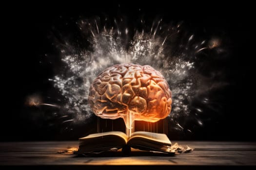 Expand your horizons with a book featuring a glowing brain, symbolizing the limitless potential of learning and imagination. AI Generative.