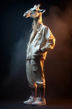 A quirky and humorous scene as a giraffe wears a surreal costume of jacket and pants, creating a unique and unusual sight in the wildlife. merges fashion and nature. Is AI Generative.