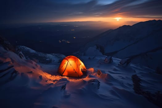 Camping in the snow under the stars an adventurous winter escape into the wilderness. AI Generative