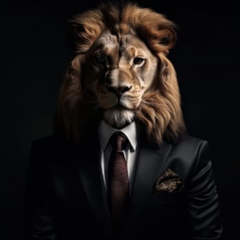 This lion is all suited up Dressed in formal attire with a tie, exuding power, elegance, and professionalism. Perfect for corporate or business themes. AI Generative.