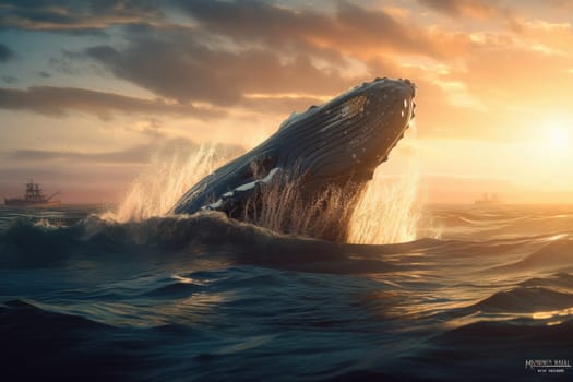 The humpback whale is a majestic and graceful creature, and this photo captures its amazing behavior as it breaches out of the water. AI Generative.