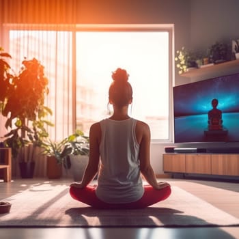 young girl practices yoga in lotus position in the room in the morning.