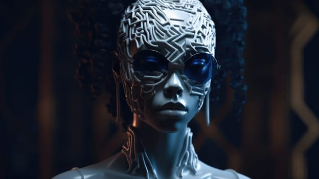hairstyle and accessories in the style of Afrofuturism and steampunk. fashion and high art. poster and magazine for stylists and designers