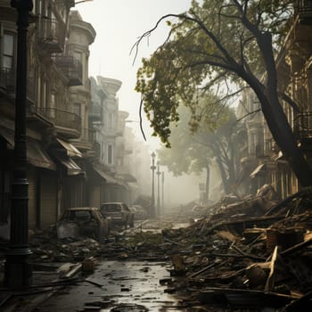 Ruins of a city after a military strike or earthquake, destroyed buildings and empty streets. Apocalyptic landscape concept