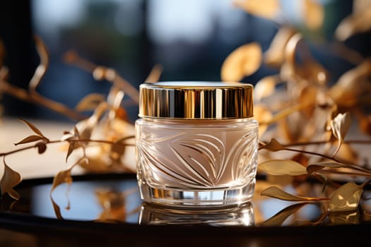 Cosmetic crystal bottle inlaid with gold of a luxury product with white fresh flowers. product presentation, demonstration of cosmetic products. Modern stylish luxury bottle