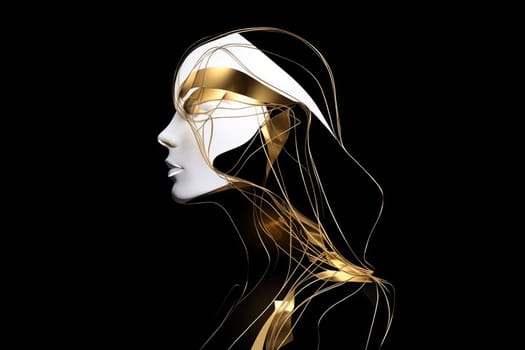 Abstract illustration of a gold, white and black bust of a female sculpture isolated on a black background.