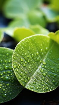 Raindrops on a green leaf. macro Wet green leaf on a rainy day .