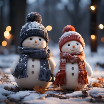 Snowmen in knitted hats and scarves against the background of a snowy landscape with lights and a festive garland