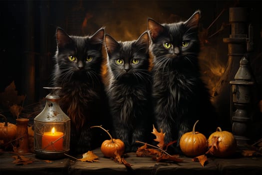 A black cat sits on a table next to orange pumpkins and candles in a witch's house. mystical picture on the theme of Halloween