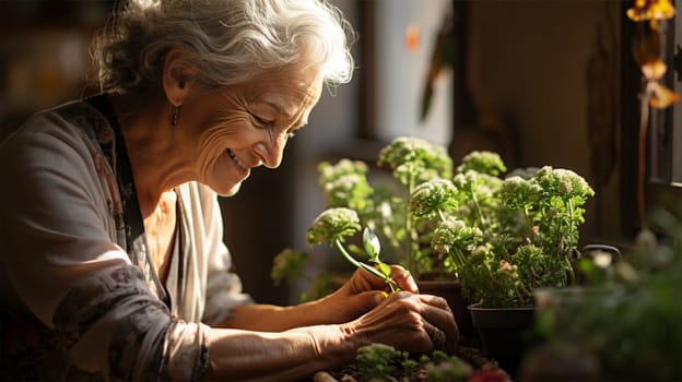 Beautiful smiling grey-haired elderly woman 60-70 years old working on seedlings
