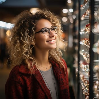 portrait of a young beautiful woman with glasses and lush wavy hair in front of a bright shop window on a blurred background. concept of shopping, discounts and Christmas.