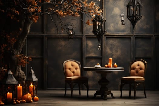 Scary laughing pumpkin in an ancient gothic interior of a dark castle. Halloween, witchcraft and magic.Halloween castle design elements