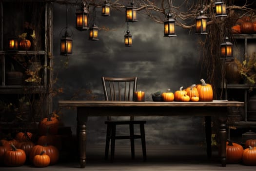 Scary laughing pumpkin in an ancient gothic interior of a dark castle. Halloween, witchcraft and magic.Halloween castle design elements