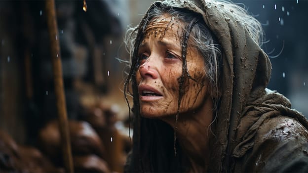 a shocked woman sits on the ruins of a house in a city destroyed by an earthquake or war.