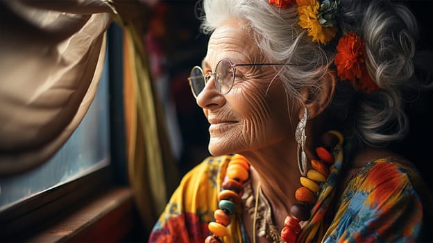 gray-haired elderly woman with wrinkles in bright ethnic clothes with jewelry looks out the window