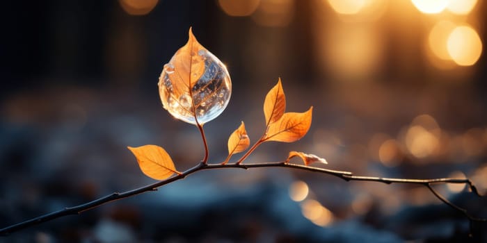 autumn background with frozen yellow leaf covered with ice.
