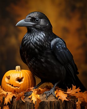 Black crow on Jack's scary pumpkin head, side view. Spooky fun fall decor. Halloween decorative element.