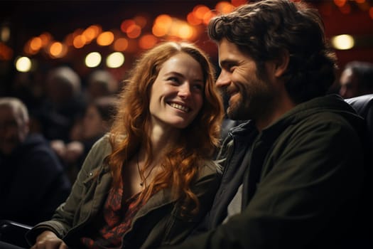 a couple in love in the cinema auditorium looking at each other.before a film show