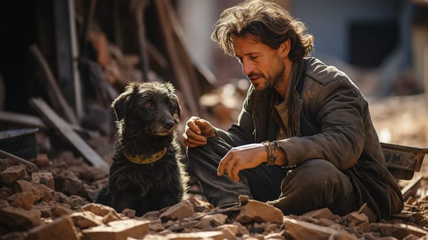 shocked man sitting next to his dog on the ruins of a house in a city destroyed by an earthquake or war