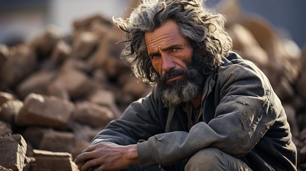 a shocked man sits on the ruins of a house in a city destroyed by an earthquake or war.