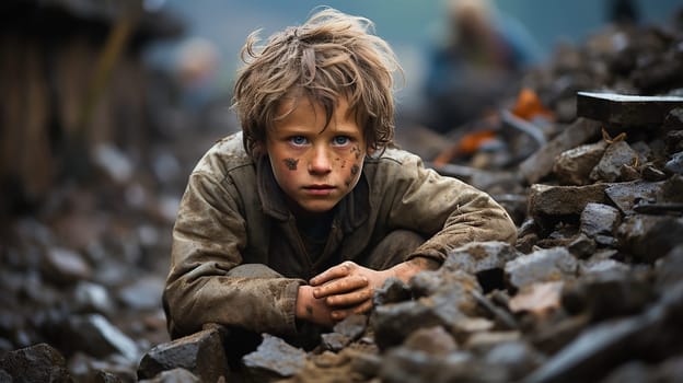 a shocked child sits on the ruins of a house in a city destroyed by an earthquake or war.