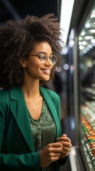 portrait of a young beautiful woman with glasses and lush wavy hair in front of a bright shop window on a blurred background. concept of shopping, discounts and Christmas.