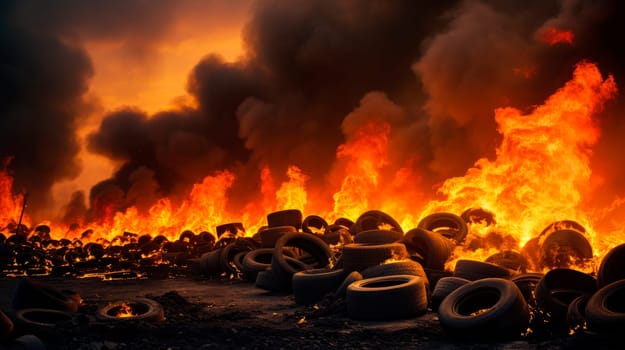 Burning old tyres on recycling landfill, black thick smoke from tires fire, environmental problems concept. Tyre graveyard at rubber burning plant. AI generated