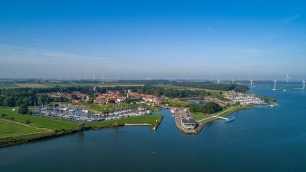 Aerial view of the fortified city of Willemstad, Moerdijk in the Province of Noord-Brabant, Netherlands. Star fortifications were developed in the late fifteenth centuries