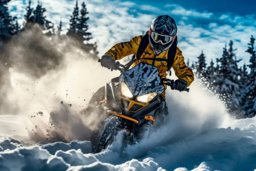 A well equipped man with helmet and snow goggles driving snowmobile in snowy forest leaving a trail of splashes of snow. Athlete on a snowmobile moving on the snow. AI generated