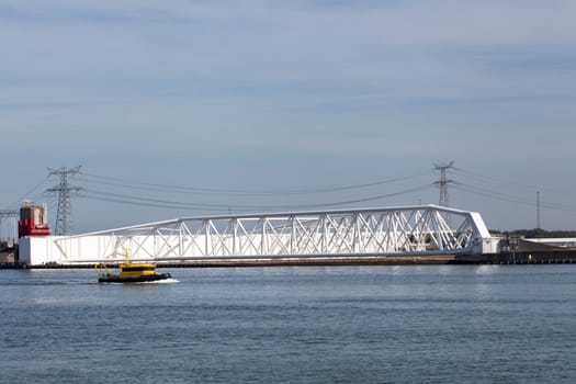Aerial picture of Maeslantkering storm surge barrier on the Nieuwe Waterweg Netherlands it closes if the city of Rotterdam is threatened by floods and is one of largest moving structures on earth