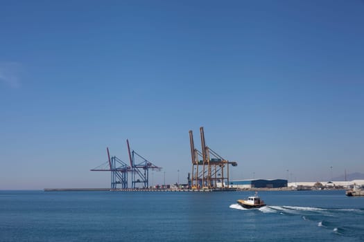 Maasvlakte 2, Rotterdam. Aerial view of container terminal in the harbor MAASVLAKTE, Netherlands. A large containership is unloading