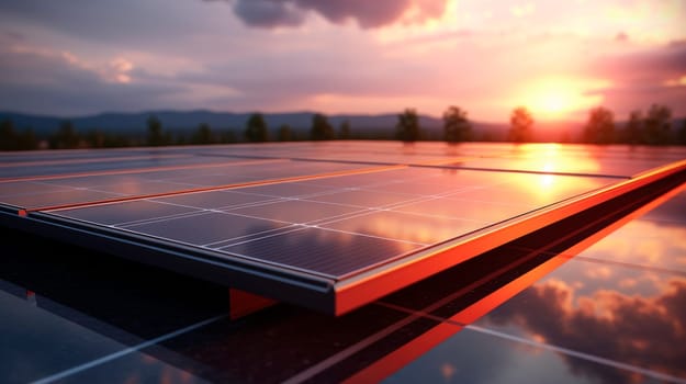 Photovoltaic modules solar power plant on dramatic sunset sky background. Clean alternative power energy concept. AI generated