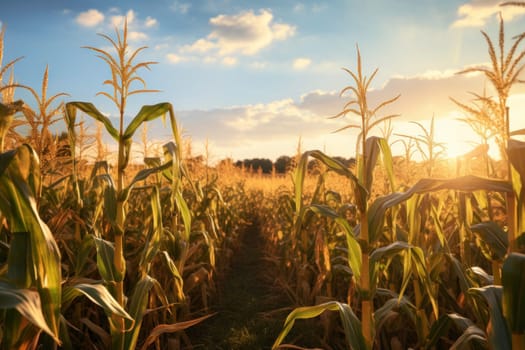 Corn field in the afternoon sunlight. Organic food. Cornfield ready for harvest. Corn plantation field. Golden brown corn field. Agricultural concept. Natural background