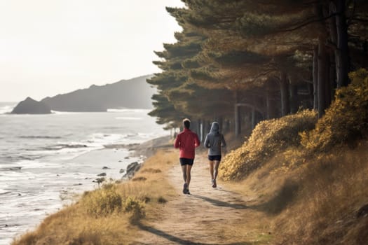 Man and woman jogging at the seaside. Male and female running by the sea. Active people. Cardio training. Physical fitness. Cardio workout. Healthy lifestyle. Daily routine of active people. Body exercising close to nature