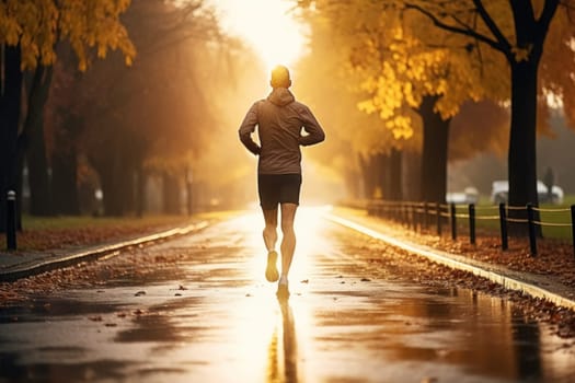 Man jogging outdoor during workout on autumn day. Man running in park. Active man. Cardio training. Physical fitness. Cardio workout. Healthy lifestyle. Daily routine. Body exercises