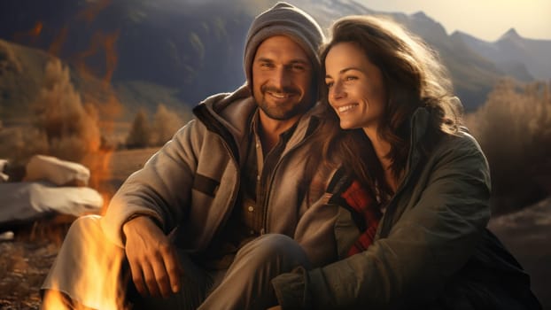 Couple sitting at campfire in evening during autumn mountain trip. Couple having fun sitting at bonfire admiring mountain landscape. People relaxing at fire in the evening. Weekend trip. Travel to the mountains. Beauty in nature