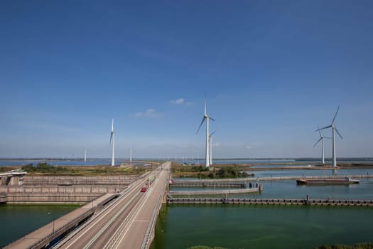 Krammersluizen lake krammer. Drone photograpy from the delta works in Zeeland in the Netherlands