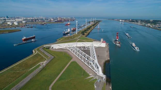 Aerial picture of Maeslantkering storm surge barrier on the Nieuwe Waterweg Netherlands it closes if the city of Rotterdam is threatened by floods and is one of largest moving structures on earth
