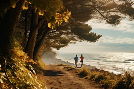 Young couple running outdoor on autumn sunny day. Male and female jogging by the sea. Active people. Cardio training. Physical fitness. Cardio workout. Healthy lifestyle. Daily routine of active people. Body exercising close to nature
